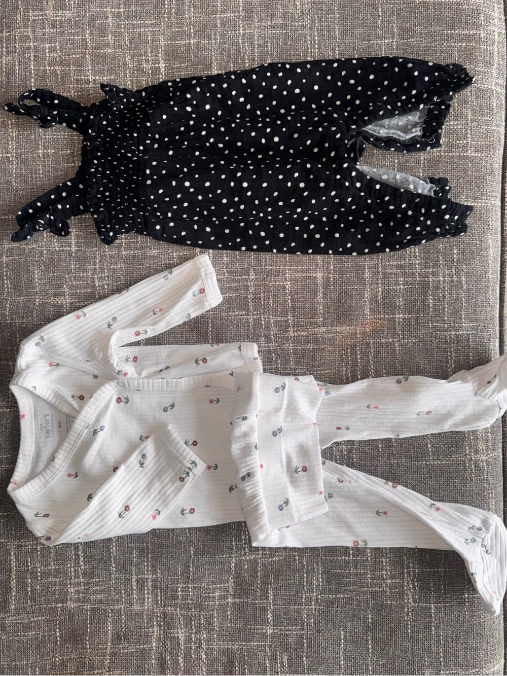 Black Polka Dot Baby Romper & White Floral Footed Onesie Set